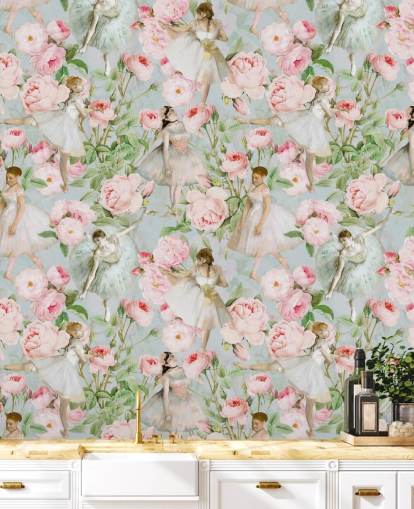 Fiori rosa pastello e donne danzanti in abiti bianchi su sfondo blu pallido