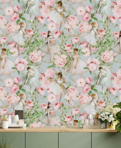 Flores de color rosa pastel y mujeres danzantes con vestidos blancos sobre un fondo azul pálido