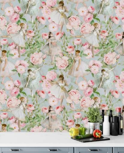 Pastel pink flowers and dancing women in white dresses on a pale blue background