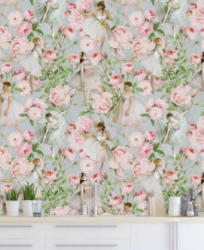 Pastel pink flowers and dancing women in white dresses on a pale blue background