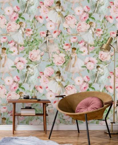 Pastell rosa blommor och dansande kvinnor i vita klänningar på en ljusblå bakgrund