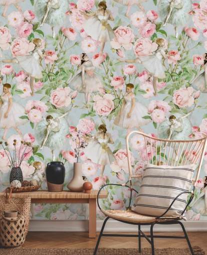 Fleurs roses pastel et femmes dansantes en robes blanches sur fond bleu pâle