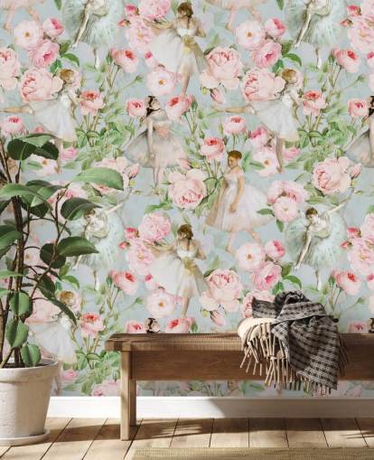 Fiori rosa pastello e donne danzanti in abiti bianchi su sfondo blu pallido Fiori rosa pastello e donne danzanti in abiti bianchi su sfondo blu pallido