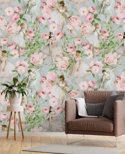 Pastelroze bloemen en dansende vrouwen in witte jurken op een lichtblauwe achtergrond