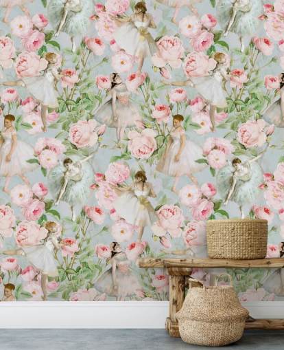 Pastellrosa Blumen und tanzende Frauen in weißen Kleidern auf hellblauem Hintergrund