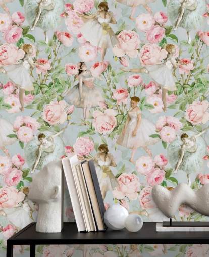 Pastel pink flowers and dancing women in white dresses on a pale blue background Pastel pink flowers and dancing women in white dresses on a pale blue background