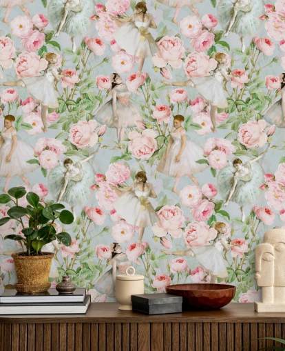 Pastellrosa Blumen und tanzende Frauen in weißen Kleidern auf hellblauem Hintergrund