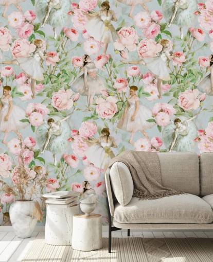 Pastellrosa Blumen und tanzende Frauen in weißen Kleidern auf hellblauem Hintergrund Pastellrosa Blumen und tanzende Frauen in weißen Kleidern auf hellblauem Hintergrund