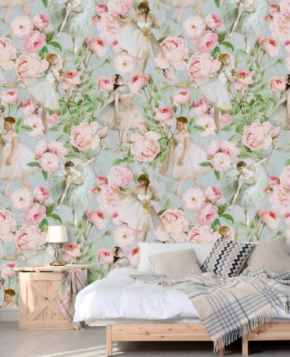 Pastel pink flowers and dancing women in white dresses on a pale blue background