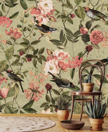 carta da parati uccelli e fiori