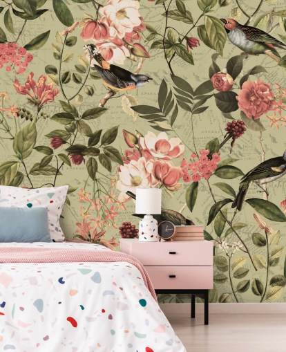 vogels en bloemen behang