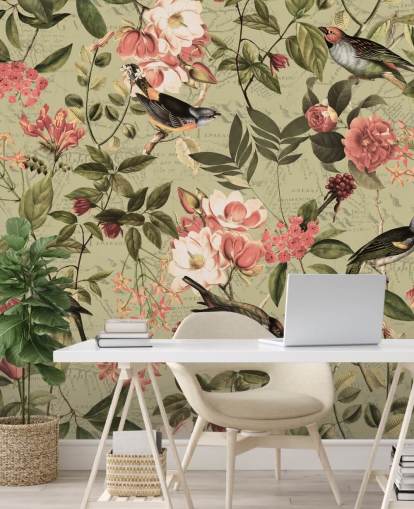 papier peint oiseaux et fleurs