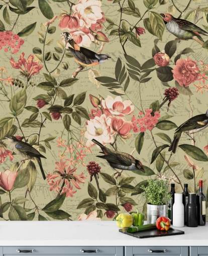 papier peint oiseaux et fleurs