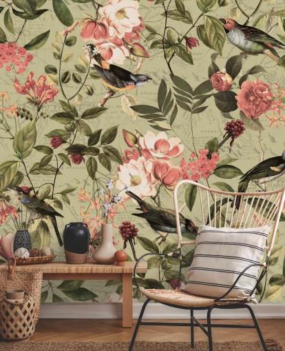 vogels en bloemen behang