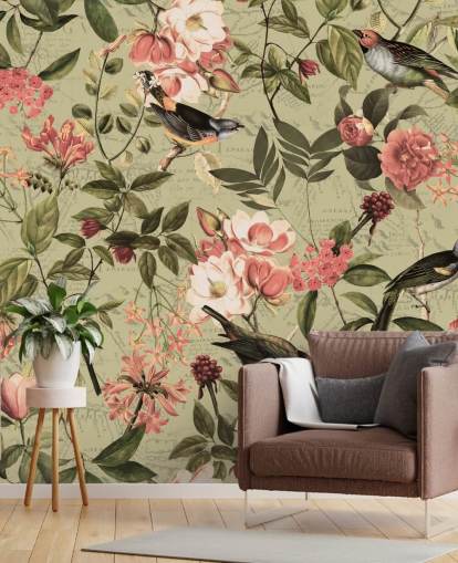 vogels en bloemen behang