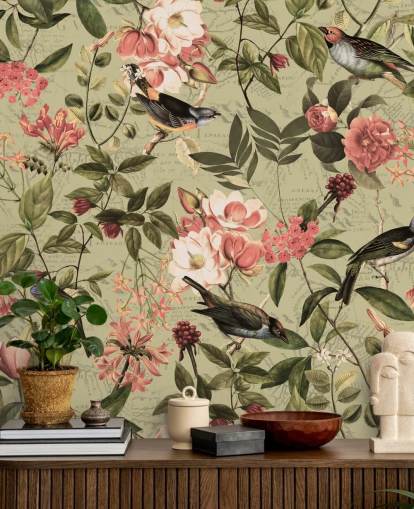 papier peint oiseaux et fleurs