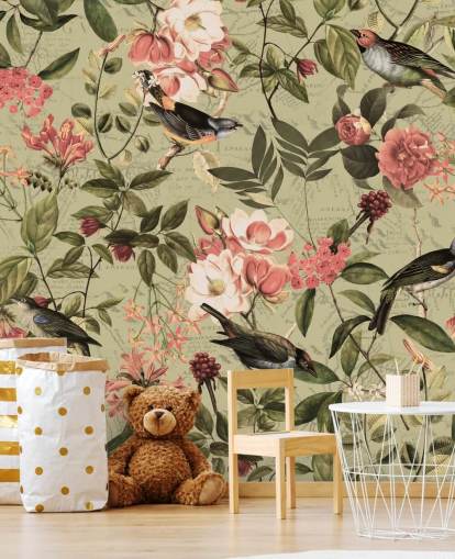 vogels en bloemen behang
