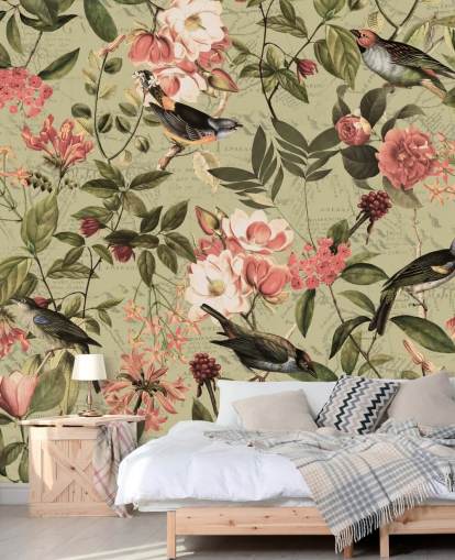 papel de parede de pássaros e flores