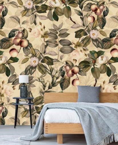 neutral toned fruit and flower wallpaper