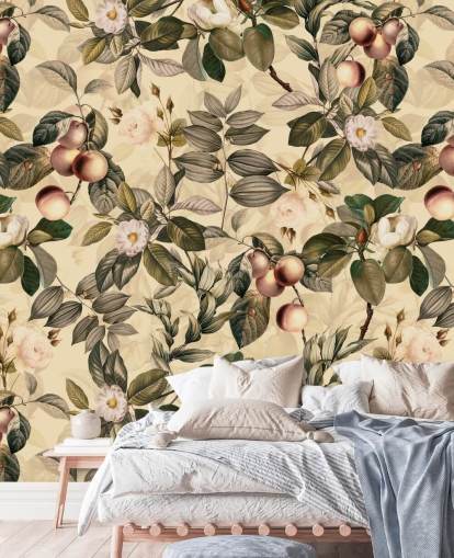 neutral toned fruit and flower wallpaper