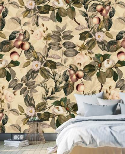 papel de parede de frutas e flores em tons neutros