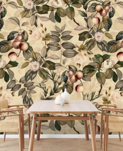 papel pintado de frutas y flores en tonos neutros