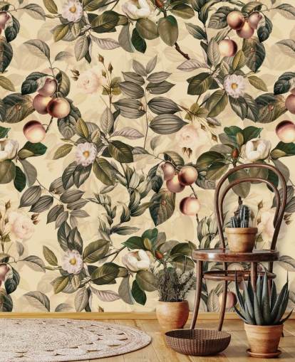 neutral toned fruit and flower wallpaper