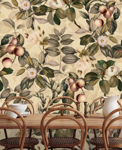 papel pintado de frutas y flores en tonos neutros