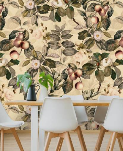 neutral tonet frugt og blomster tapet
