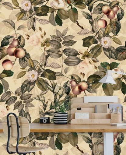 neutral tonad frukt och blomma tapet