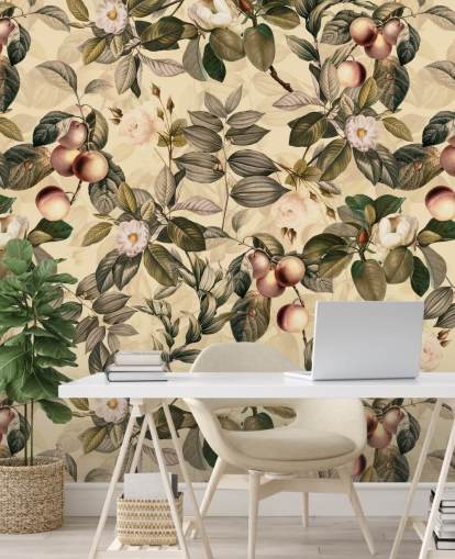 neutral tonad frukt och blomma tapet