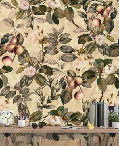 papel de parede de frutas e flores em tons neutros