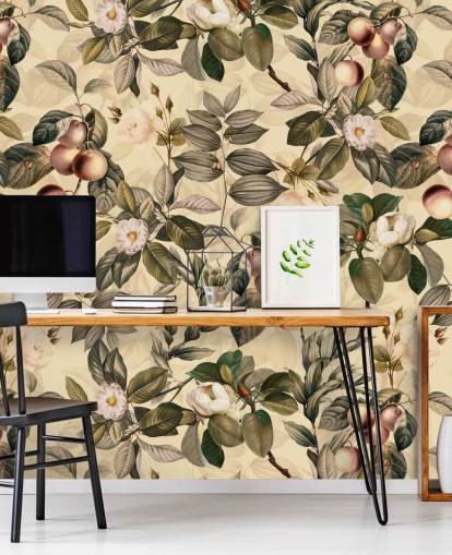 neutral toned fruit and flower wallpaper