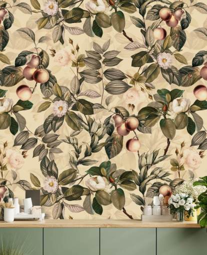 papel pintado de frutas y flores en tonos neutros
