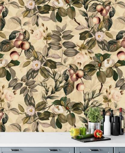 papel pintado de frutas y flores en tonos neutros