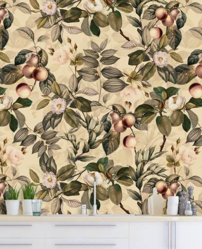 neutral tonad frukt och blomma tapet