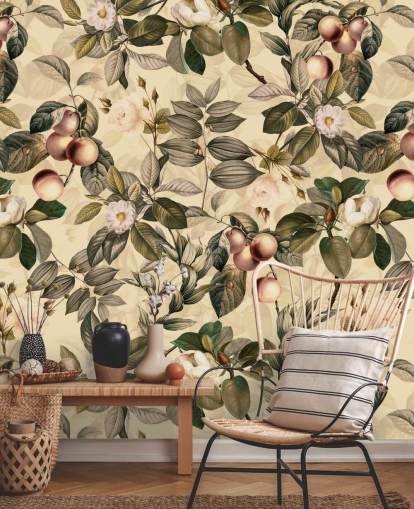 papel de parede de frutas e flores em tons neutros