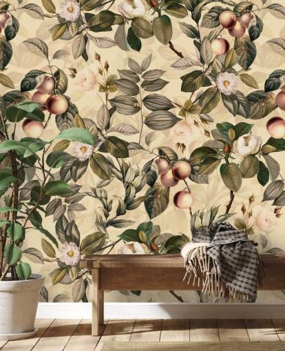 papier peint de fruits et de fleurs aux tons neutres