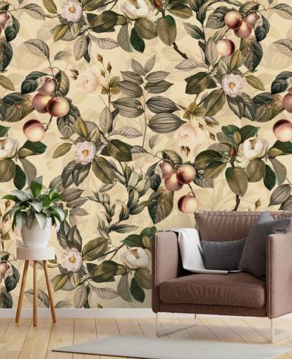 papel pintado de frutas y flores en tonos neutros