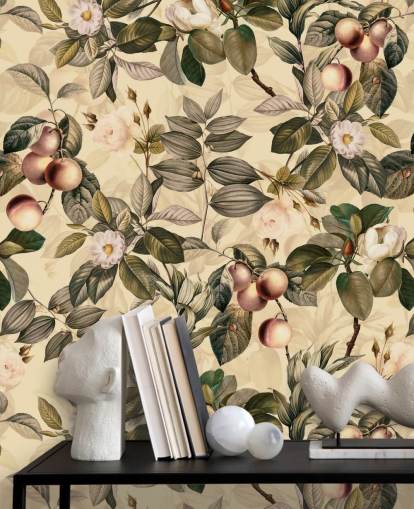 neutral toned fruit and flower wallpaper