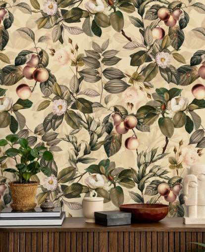 neutraal gekleurd fruit- en bloemenbehang