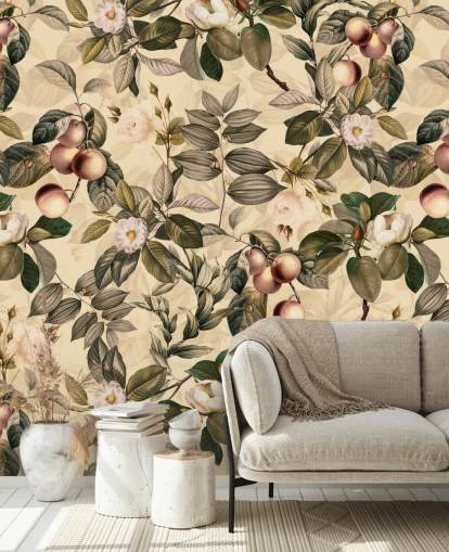 neutral toned fruit and flower wallpaper
