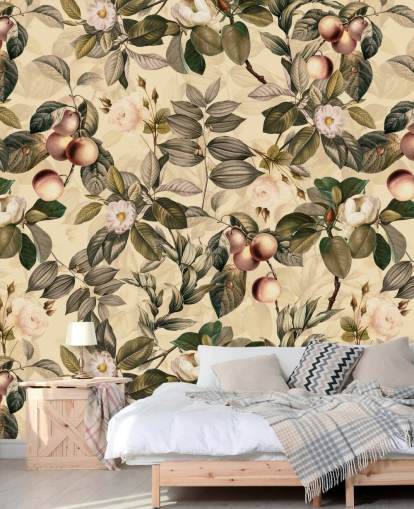 neutral toned fruit and flower wallpaper