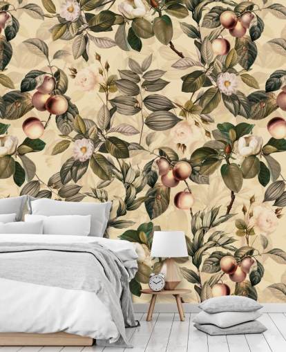 papier peint de fruits et de fleurs aux tons neutres