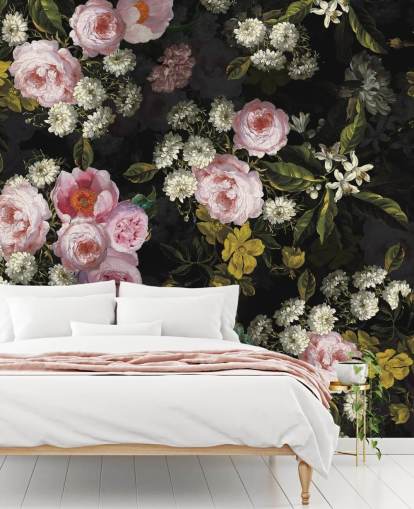 lyserøde roser og gule blomster på mørk baggrund tapet lyserøde roser og gule blomster på mørk baggrund tapet