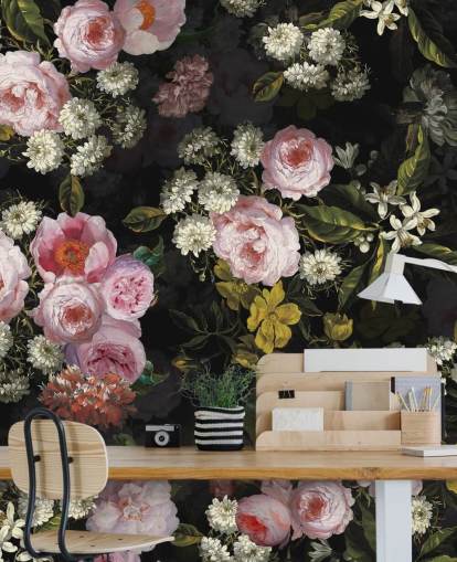 rosa rosor och gula blommor på mörk bakgrund tapet rosa rosor och gula blommor på mörk bakgrund tapet