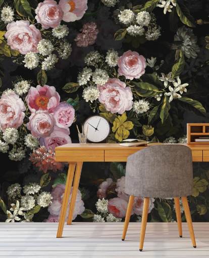 rosa rosor och gula blommor på mörk bakgrund tapet rosa rosor och gula blommor på mörk bakgrund tapet