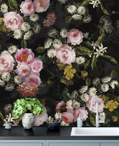 pink roses and yellow flowers on dark background wallpaper