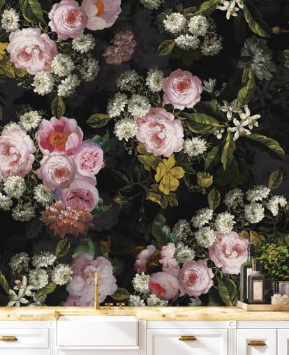 pink roses and yellow flowers on dark background wallpaper