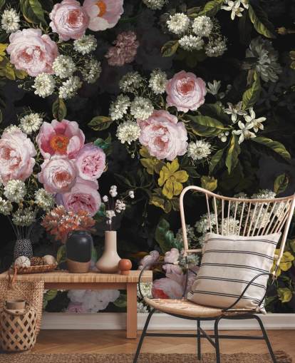 rosas cor de rosa e flores amarelas no papel de parede de fundo escuro rosas cor de rosa e flores amarelas no papel de parede de fundo escuro